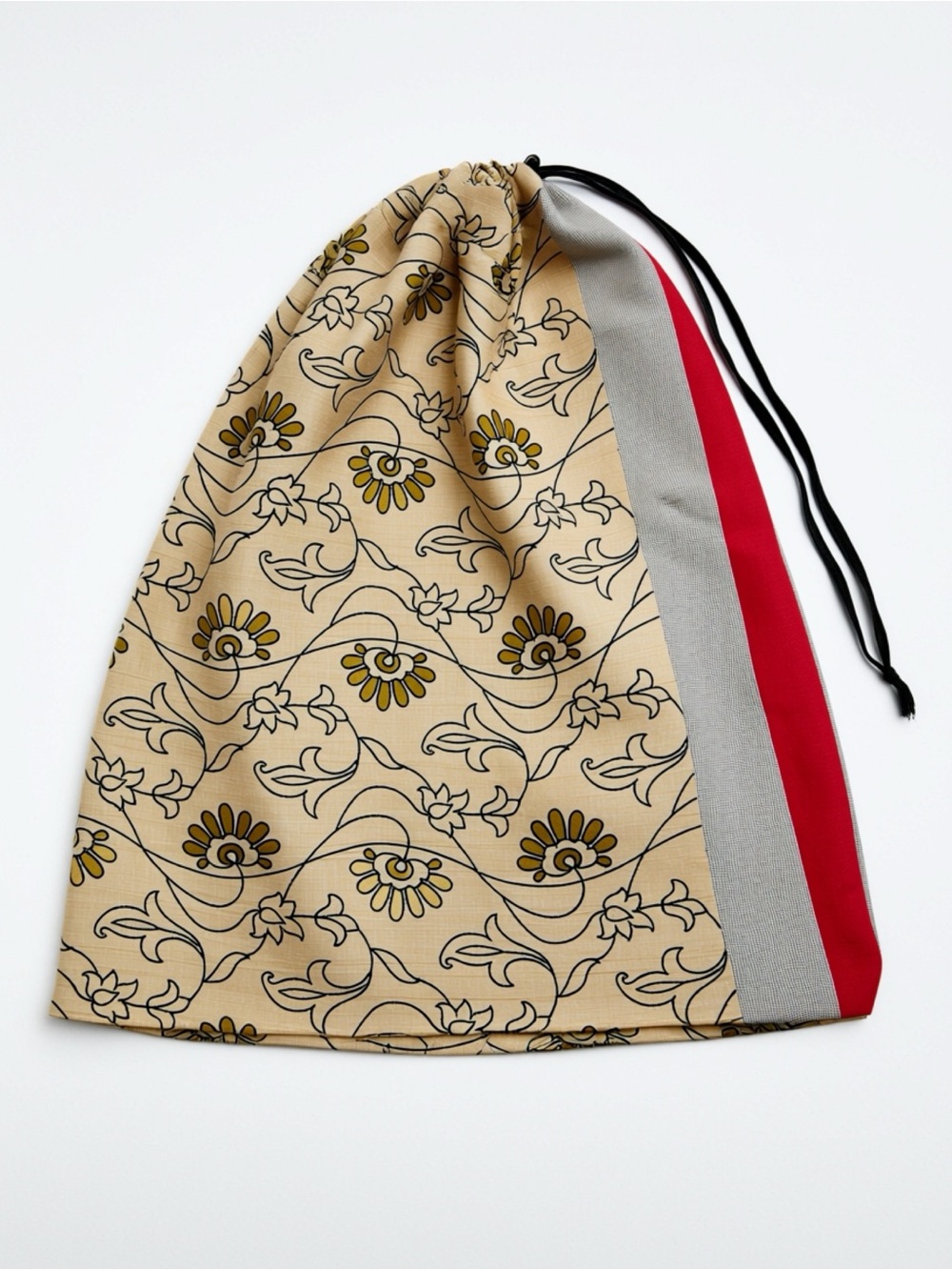 Drawstring Bag in Beige Floral with Red and Gray Trim - 24x19.5